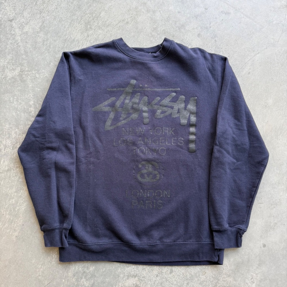 Stussy World Tour Crewneck Sweatshirt Navy Blue Mens Medium Made in USA